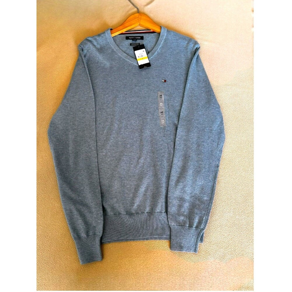 Tommy Hilfiger Sweater Mens Medium Blue V Neck Long Sleeve Knit Pullover Cotton